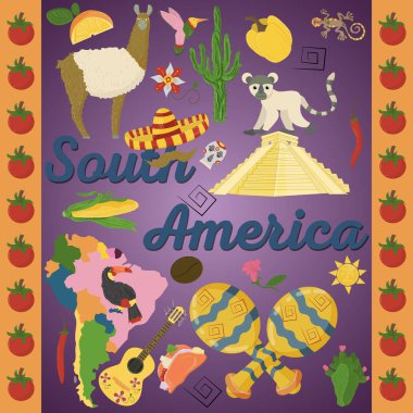 Güney Amerika, hayvanlar, binalar, bitkiler, tatil, kıta harita, gıda tasarım öğeleri turizm seyahat, etiket tasarımı için yazdırma ve dekorasyon tema üzerinde düz stil çizim vektör