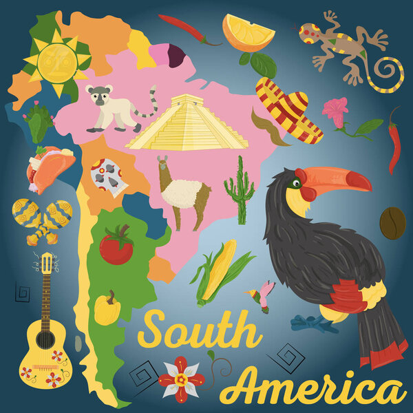 vector drawing in flat style on the theme of South America, animals, buildings, plants, holidays, continent map, food design elements tourism travel, sticker design for printing and decoration