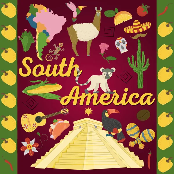 Güney Amerika, hayvanlar, binalar, bitkiler, tatil, kıta harita, gıda tasarım öğeleri turizm seyahat, etiket tasarımı için yazdırma ve dekorasyon tema üzerinde düz stil çizim vektör