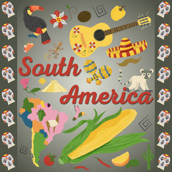 vector drawing in flat style on the theme of South America, animals, buildings, plants, holidays, continent map, food design elements tourism travel, sticker design for printing and decoration