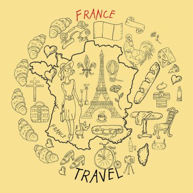 ülke, Avrupa, Fransa, semboller ve konumlar, çizimler, baskı tasarımı ve web tasarımı, bir dizi bir gezi konulu Doodle tarzı boyama, vektör kontur çizim