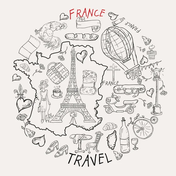 ベクトル等高線図 ヨーロッパ フランス シンボル 観光の国 印刷デザイン Web デザインの一連の旅をテーマに 落書きのスタイルやカラーリング — ストックベクタ