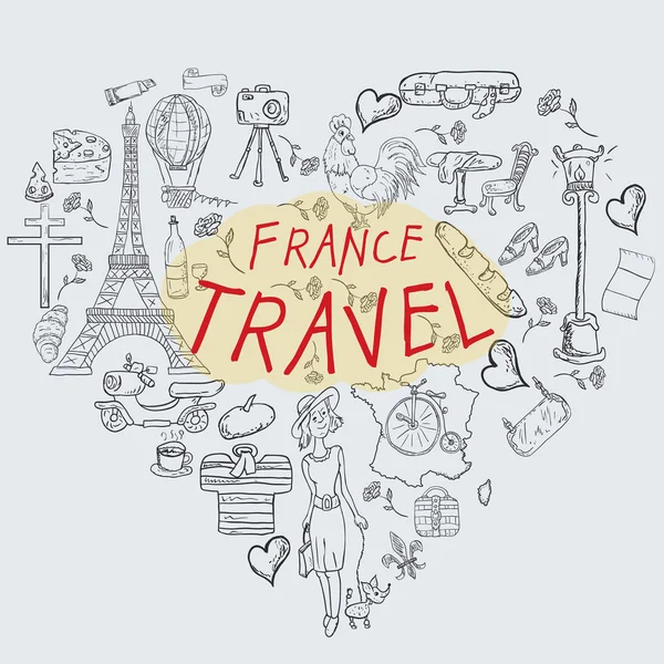 ベクトル等高線図 ヨーロッパ フランス シンボル 観光の国 印刷デザイン Web デザインの一連の旅をテーマに 落書きのスタイルやカラーリング — ストックベクタ