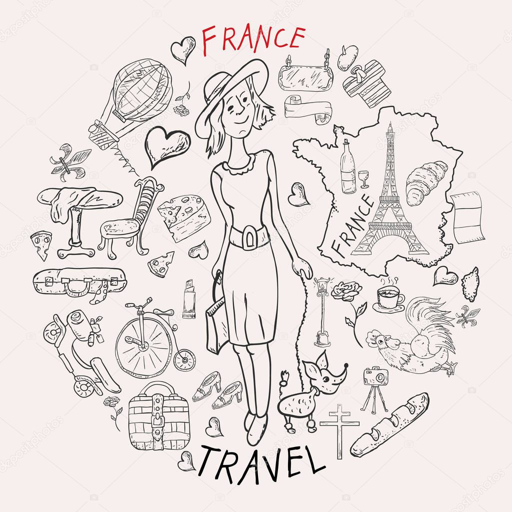 vector contour illustration, coloring, on the theme of a trip to the country of Europe, France, symbols and attractions, a set of drawings, print design and web design, Doodle style