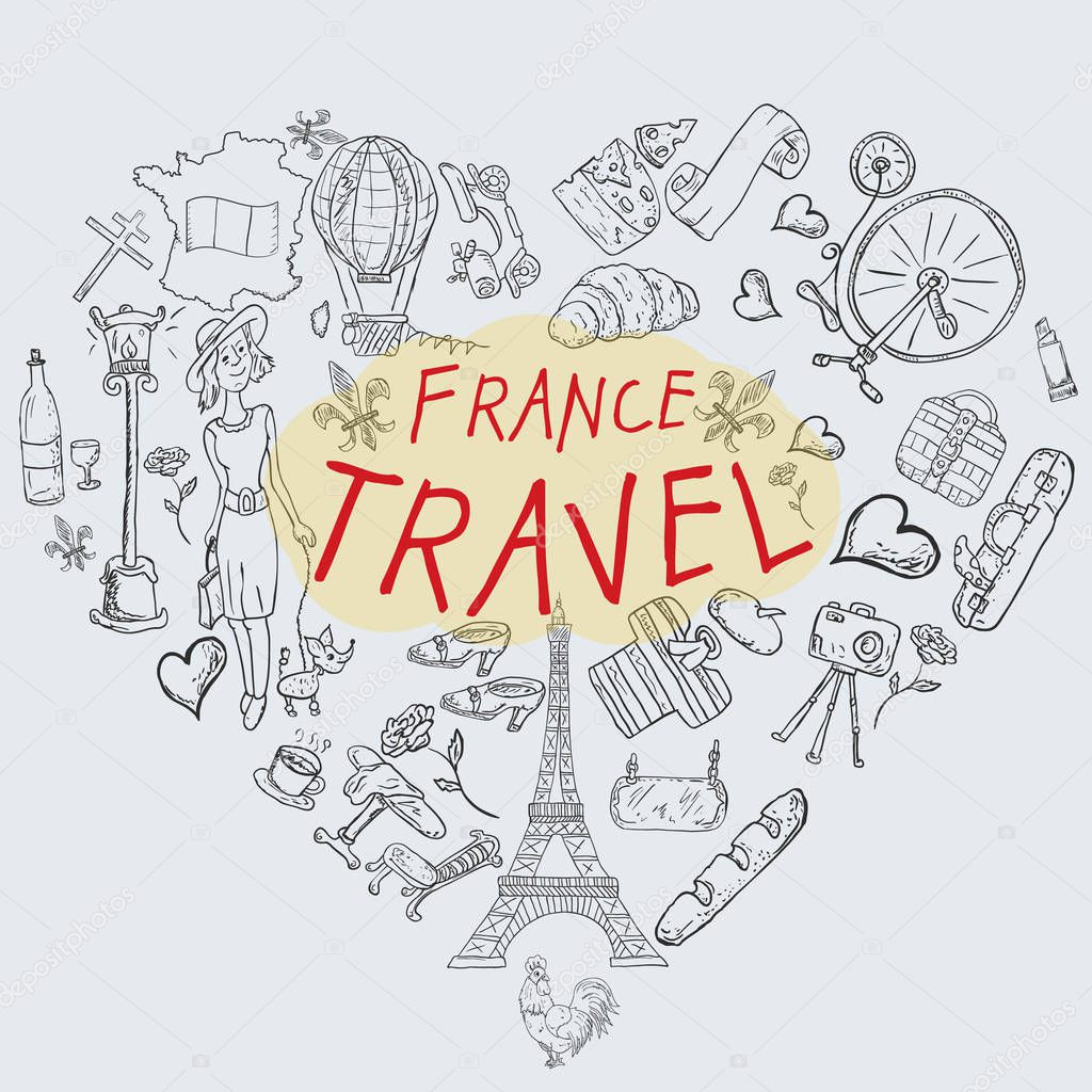 vector contour illustration, coloring, on the theme of a trip to the country of Europe, France, symbols and attractions, a set of drawings, print design and web design, Doodle style