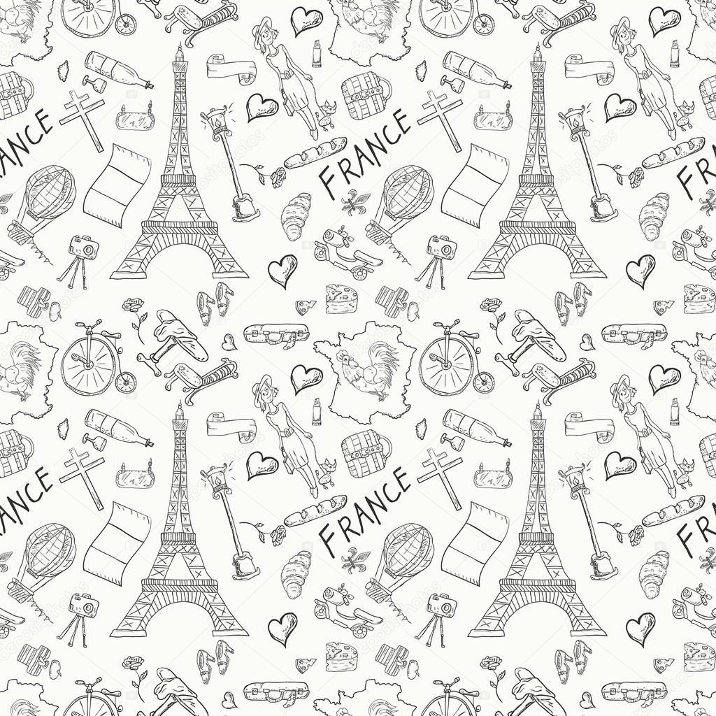 vector seamless illustration, texture, pattern, Doodle, travel to Europe France, symbols and attractions, set of drawings, print design and web design