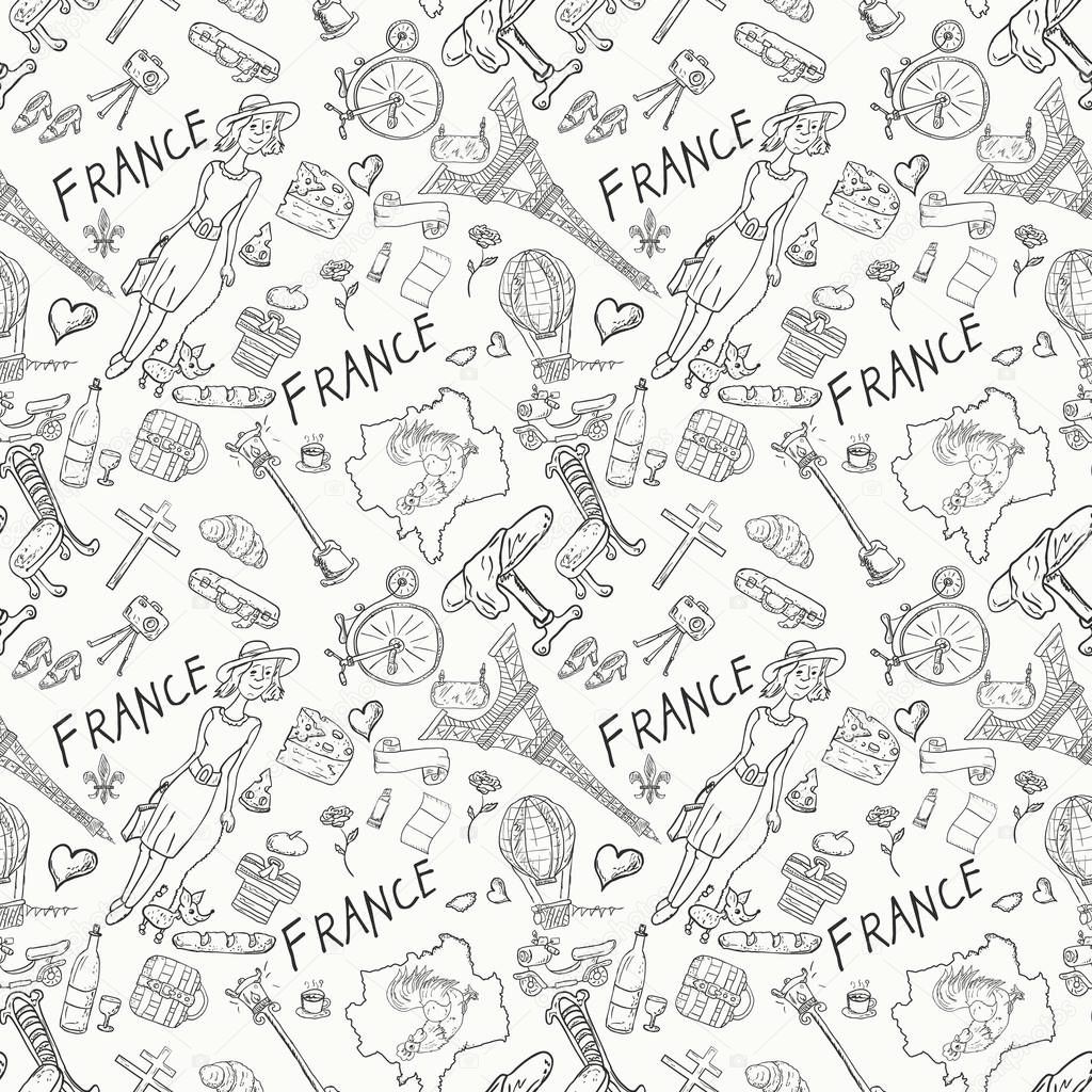 vector seamless illustration, texture, pattern, Doodle, travel to Europe France, symbols and attractions, set of drawings, print design and web design