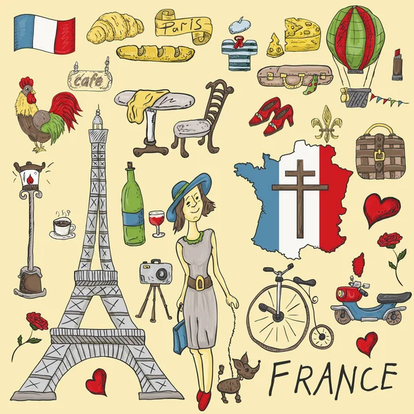 Vector Color Illustration Travel Europe France Symbols Attractions Set Drawings — Stock Vector