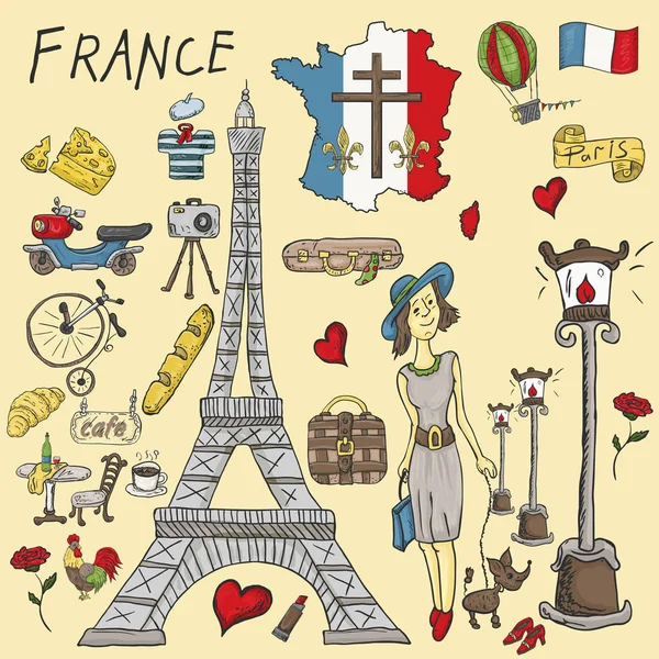 Vektor Barevné Ilustrace Cestování Evropy Francie Symboly Atrakce Sada Výkresů — Stockový vektor
