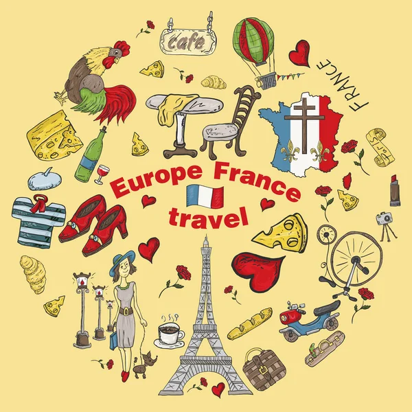 Vector Color Illustration Travel Europe France Symbols Attractions Set Drawings — Stock Vector