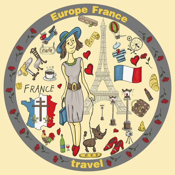 Farbige Abbildung Travel Europe France Symbole Und Attraktionen — Stockvektor