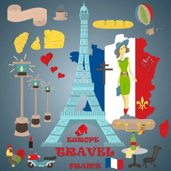 Vektor Flache Illustration Reise Nach Europa Frankreich Symbole Und Sehenswürdigkeiten — Stockvektor