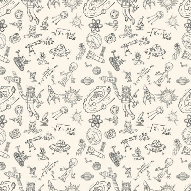 Uzay, bilim ve teknik üreme, evren, Doodle stili, arka plan yerine toprak, UFO, gezegenlerde hayat ortaya çıkması konulu çocuk çizimleri ile Dikişsiz desen vektör