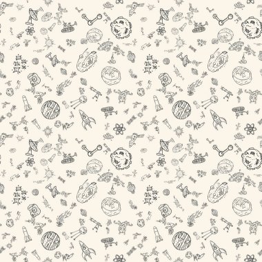 Uzay, bilim ve teknik üreme, evren, Doodle stili, arka plan yerine toprak, UFO, gezegenlerde hayat ortaya çıkması konulu çocuk çizimleri ile Dikişsiz desen vektör