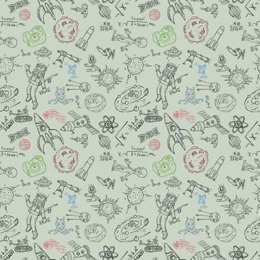 Uzay, bilim ve teknik üreme, evren, Doodle stili, arka plan yerine toprak, UFO, gezegenlerde hayat ortaya çıkması konulu çocuk çizimleri ile Dikişsiz desen vektör