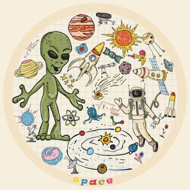 renkli çocuk çizim alanı, bilim ve hayat dünya, UFO, gezegenler tekniği üreme, evren, Doodle tarzı, her ayrı bir katmanda çizim ortaya çıkması konulu