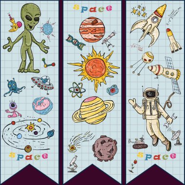 renkli çocuk çizim alanı, bilim ve hayat dünya, UFO, gezegenler tekniği üreme, evren, Doodle tarzı, her ayrı bir katmanda çizim ortaya çıkması konulu