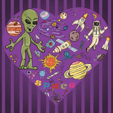 renkli çocuk çizim alanı, bilim ve hayat dünya, UFO, gezegenler tekniği üreme, evren, Doodle tarzı, her ayrı bir katmanda çizim ortaya çıkması konulu