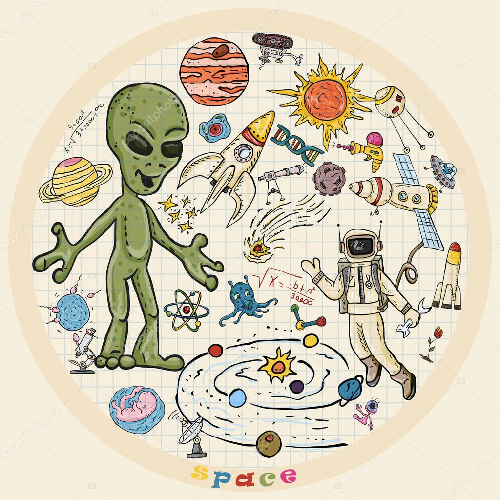 vector colored childrens drawings on the theme of space, science and the emergence of life on earth, UFO's, planets technique of reproduction, the universe, Doodle style, each drawing on a separate layer