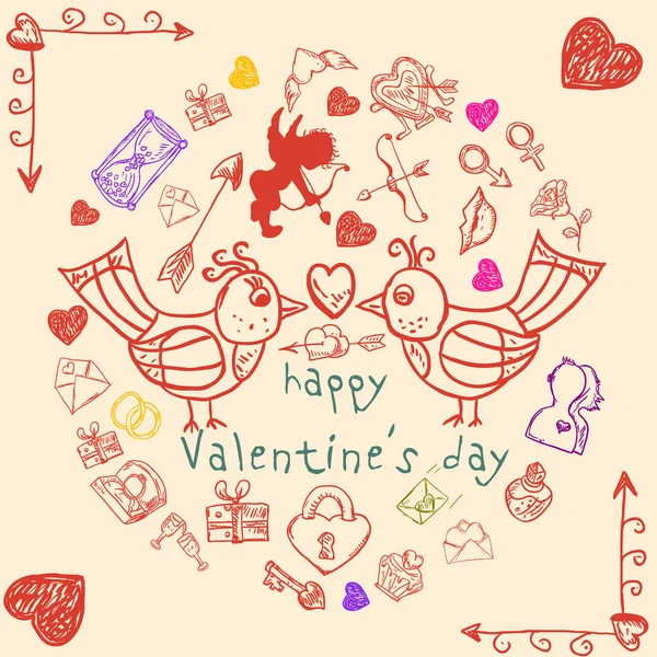 Illustrations dans le style des enfants Doodle le jour de la Saint Valentin — Image vectorielle
