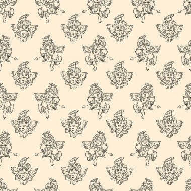 Anahat Dikişsiz desen çizimi tarzı çocuk karalamalar Sevgililer gününde, okları ateş cupids vektör ve arka plan tasarımı için elimi kalp ile değiştirilebilir