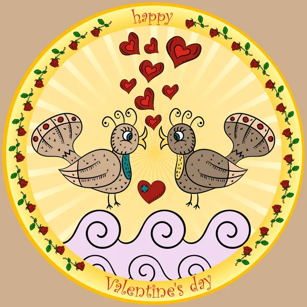矢量彩色插图在风格的儿童涂鸦情人节的主题 两只鸟接吻圆贴纸 — 图库矢量图片