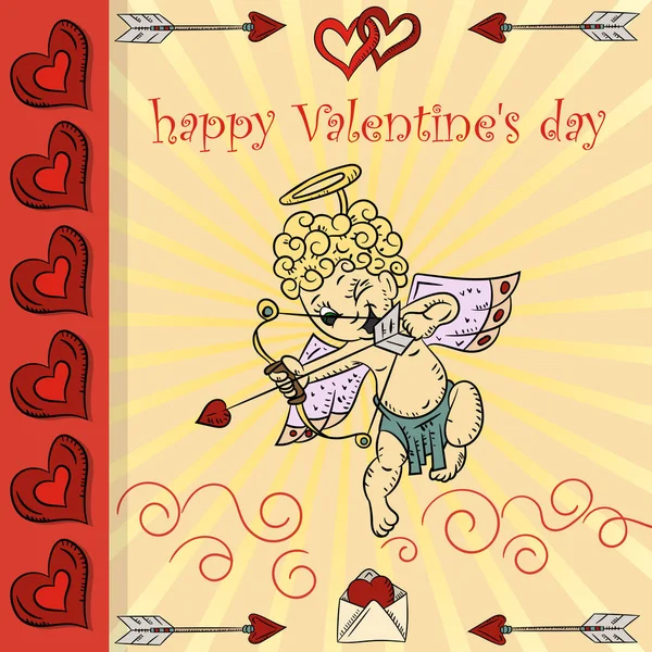 バレンタインデーのキューピッドをテーマに子供の落書きのスタイルで色付きはがきのベクトル デザイン レイアウト撮影弓 — ストックベクタ