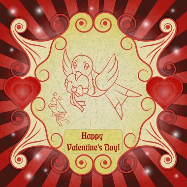 vector contour illustration with background on the topic of Valentines day, the bird carries in its beak an envelope ready layout design, postcards, stickers and printed materials