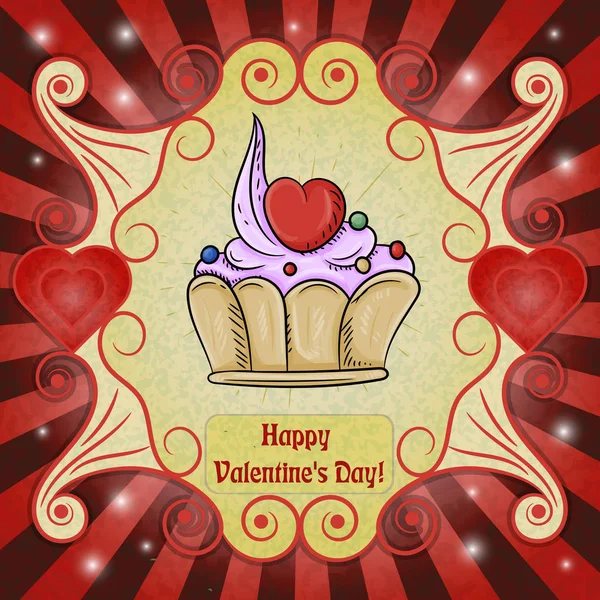 Vektorfarbige Illustration Zum Valentinstag Süßer Kuchen Mit Sahne Und Herz — Stockvektor