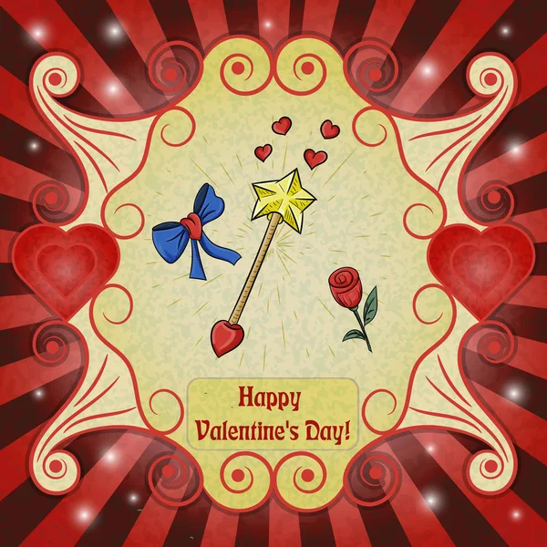 バレンタインの日のテーマは 魔法の杖とのベクトル カラー イラストが上昇し デザイン ポストカード ステッカーや印刷されたプロダクトのための準備ができてレイアウト — ストックベクタ