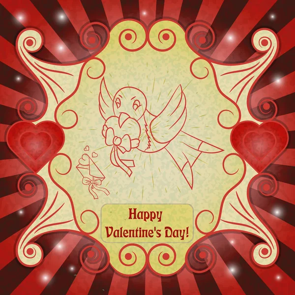 Векторная Контурная Иллюстрация Фоном Тему Дня Святого Валентина Птица Несет — стоковый вектор