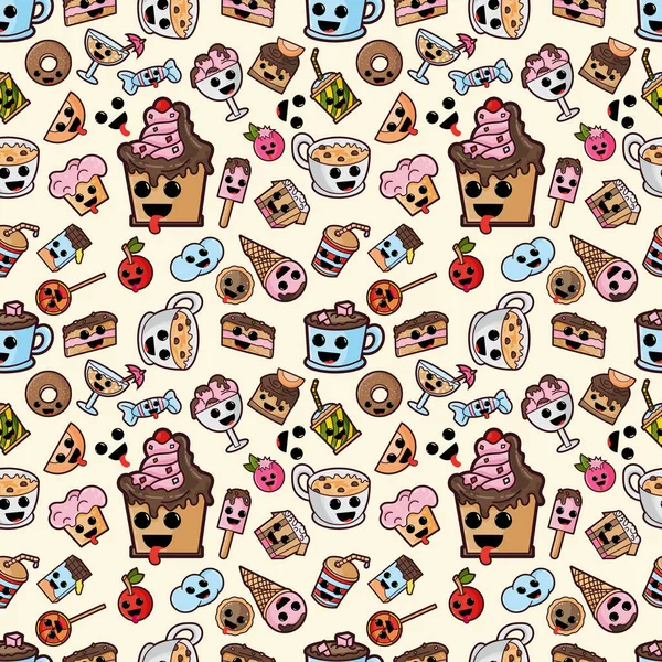 vector seamless pattern, illustration in Kawaii style cute nice, adorable drawings, icons, sweet pastry food and drinks