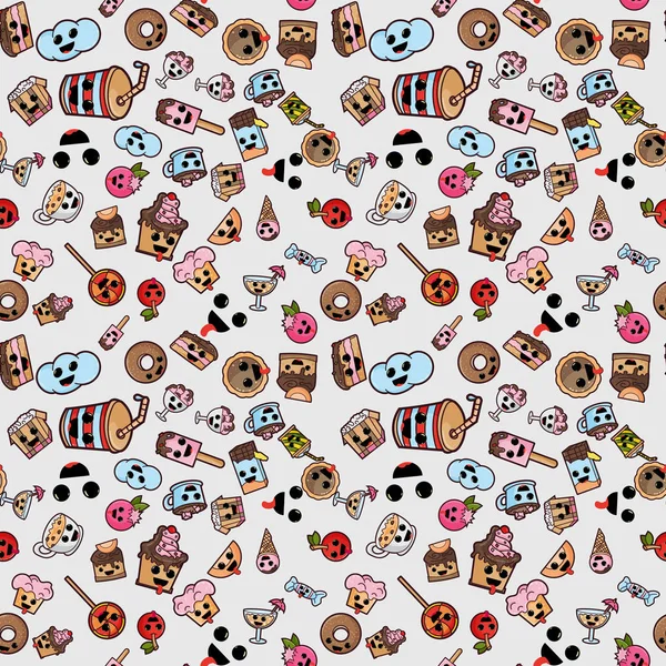 vector seamless pattern, illustration in Kawaii style cute nice, adorable drawings, icons, sweet pastry food and drinks