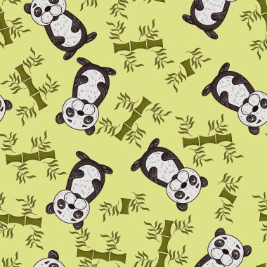 vector seamless pattern illustration cute Panda painted in childrens style sits in the thickets of bamboo with leaves for decoration and design background can be replaced clipart