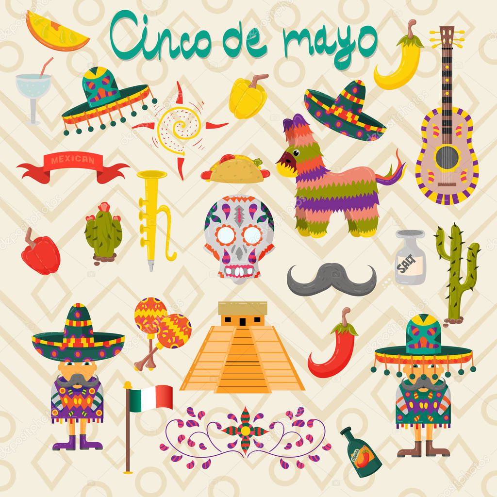set of vector illustrations of design elements on the Mexican theme of Cinco de mayo celebration in flat style each drawing on a separate layer