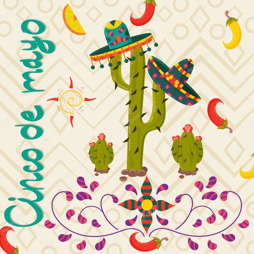 vector illustration of a Mexican theme Cinco de mayo in the style of a cactus wearing a sombrero on it for decoration and design