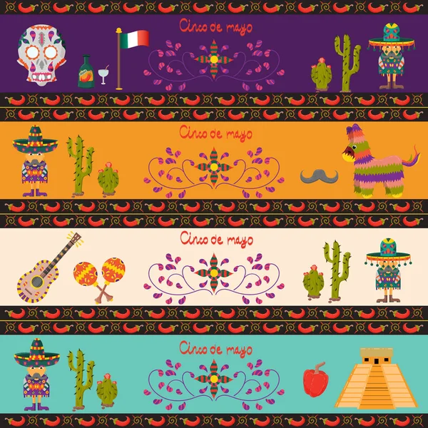 Ensemble Horizontal Vectoriel Autocollants Design Sur Thème Mexicain Célébration Cinco — Image vectorielle