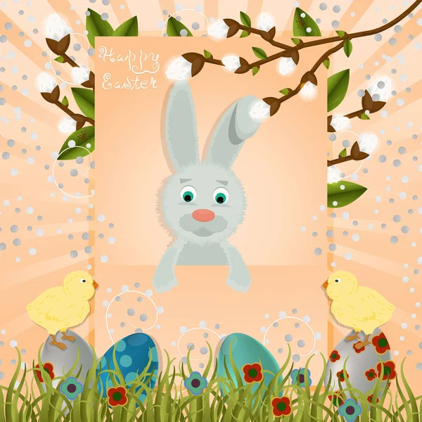 Макет в векторе, поздравительная открытка с раскрашенными яйцами, кролик — стоковый вектор