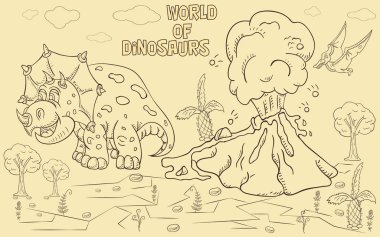 küçük dinozorların ve ağaçların kontur illustration_18_coloring, s