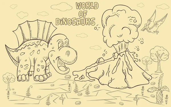 Kontúr illustration_19_coloring a kis dinoszauruszok és a fák, s — Stock Vector
