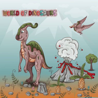 renk illustration_13_of küçük dinozorlar ve ağaçlar, bitkiler, Ston