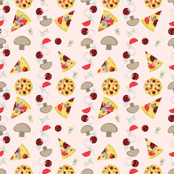 Ilustración de patrón sin costuras, en _ 3 _ el tema de la pizza italiana c — Vector de stock