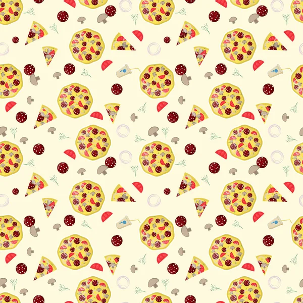 Ilustración de patrón sin costuras, sobre el tema de la pizza italiana cui — Vector de stock