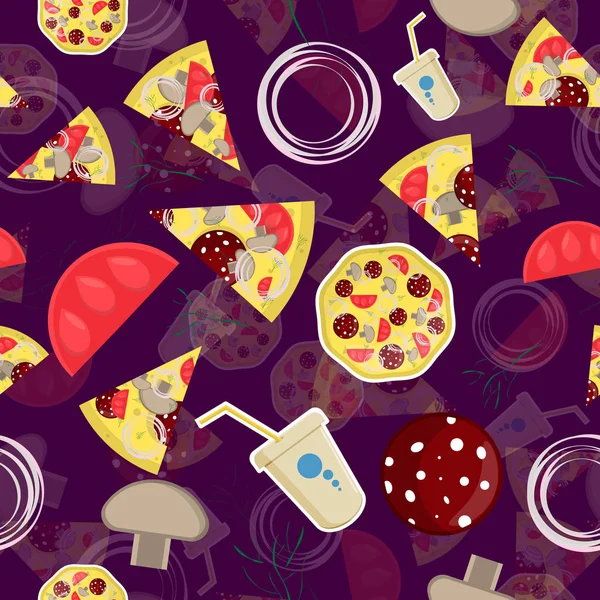 Ilustración de patrón sin costuras, en _ 10 _ el tema de la pizza italiana — Vector de stock