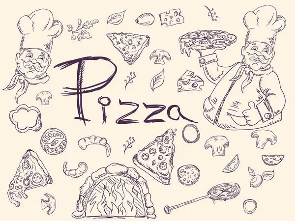 Conjunto de ilustraciones de contorno, sobre el tema de la pizza italiana cuis — Vector de stock