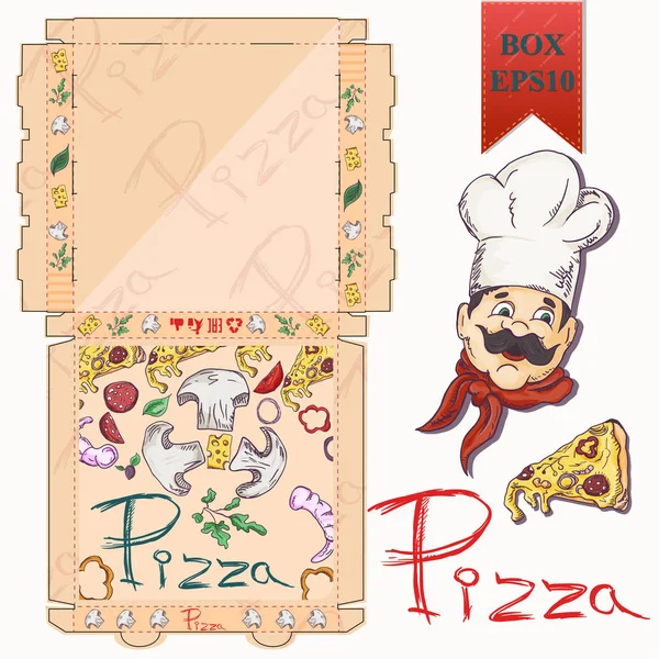 Gotowy układ opakowania of_5_the pudełko na pizzę projektowanie żywności i — Wektor stockowy