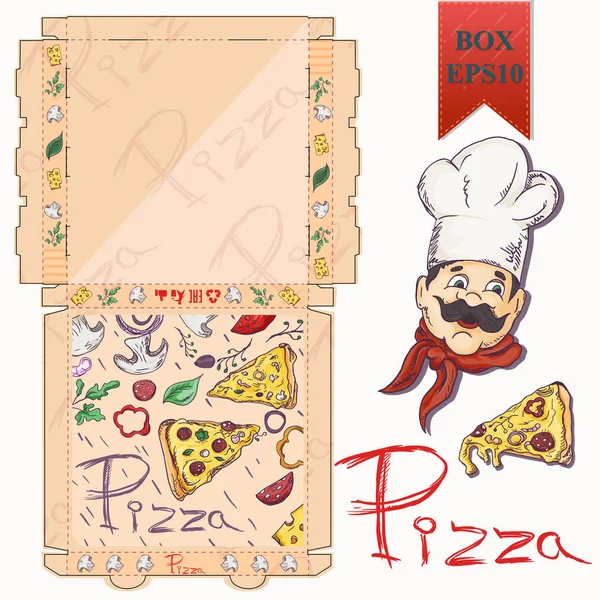 Fertiges Layout von _ 7 _ der Verpackungsbox für die Gestaltung von Pizza-Lebensmitteln i — Stockvektor