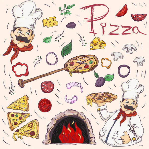 Farbset Mit Konturabbildungen Zum Thema Der Italienischen Küche Pizza Für — Stockvektor