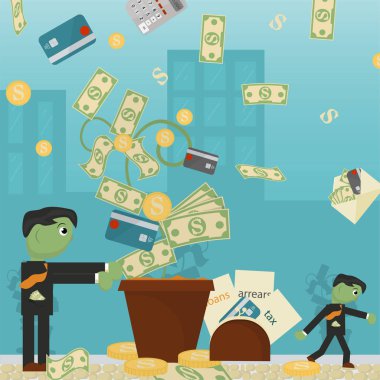 düz illüstrasyon on_3_business, krediler, vergiler ve borç. Zombi 