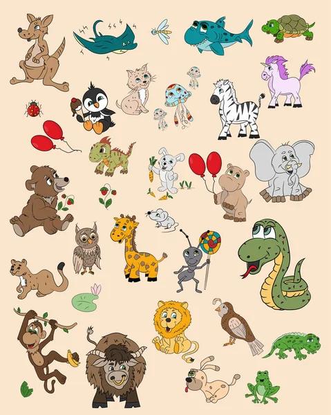 Niños ilustración gran conjunto de diferentes animales, peces y — Archivo Imágenes Vectoriales